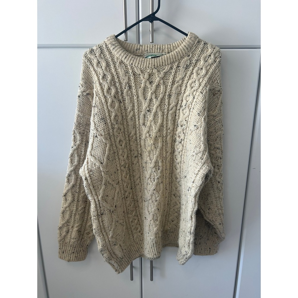 Vintage Aran Crafts Ireland Cream Speckled Wool Cable Knit Sweater Mens L
